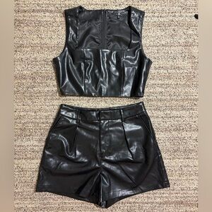 7 For All Mankind Black Faux Leather Crop Top and Shorts Set - M